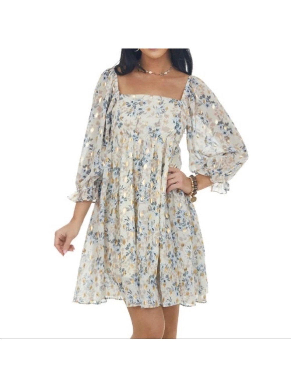 Floral Square-Neck Mini Dress in Cream and Blue